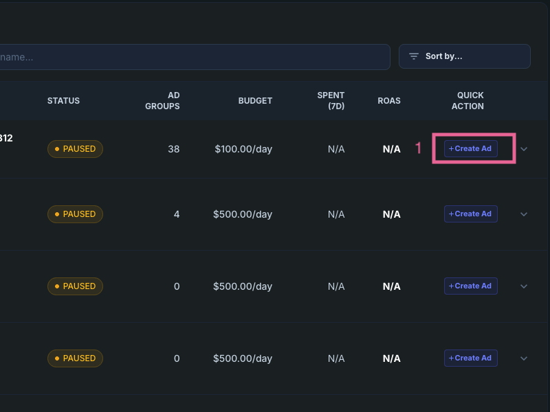 Campaigns overview and Create Ad button in AdMinds dashboard