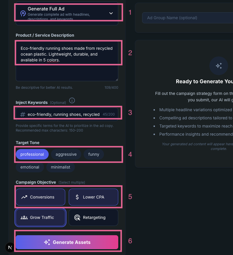 Ad Strategy form with product description, keywords, tone, and Generate Full Ad option