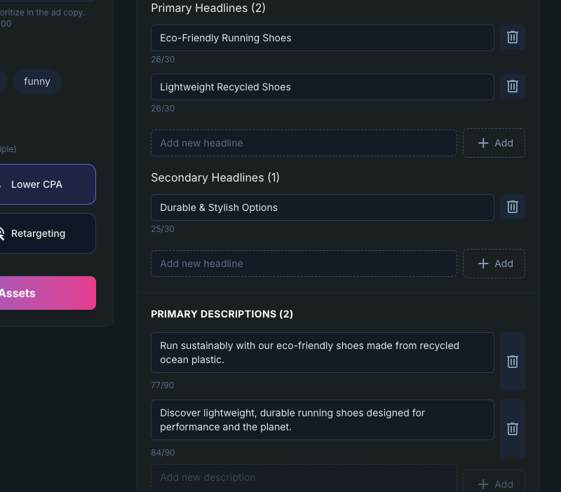 AI-generated ad group with headlines and descriptions ready for review in AdMinds